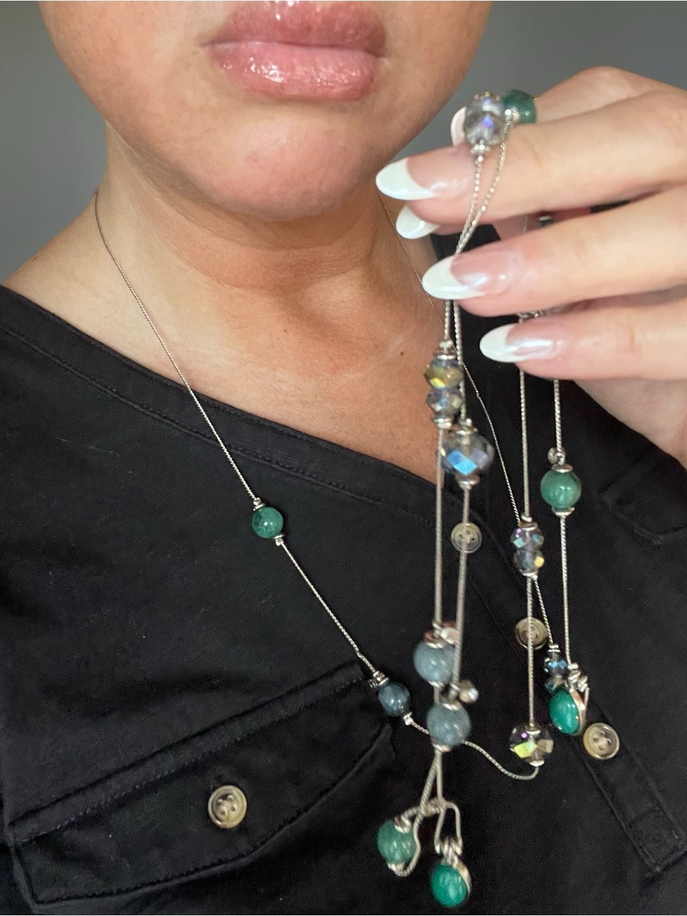Ultra Long Blue Green Station Necklace AB Crystal Silver Tone 60"